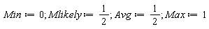 Min := 0; 1; Mlikely := 1/2; 1; Avg := 1/2; 1; Max := 1