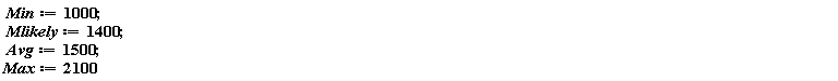 Min := 1000; Mlikely := 1400; Avg := 1500; Max := 2100