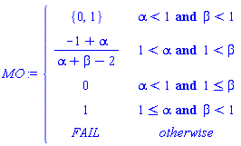 piecewise(alpha < 1 and beta < 1, {0, 1}, 1 < alpha and 1 < beta, (-1+alpha)/(alpha+beta-2), alpha < 1 and 1 <= beta, 0, 1 <= alpha and beta < 1, 1, FAIL)