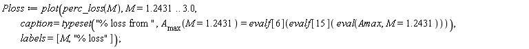 Ploss := plot(perc_loss(M), M = 1.2431 .. 3.0, caption = typeset("% loss from ", A__max(M = 1.2431) = evalf[6](evalf[15](eval(Amax, M = 1.2431)))), labels = [M, "% loss"])