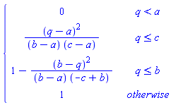 piecewise(q < a, 0, q <= c, (q-a)^2/((b-a)*(c-a)), q <= b, 1-(b-q)^2/((b-a)*(-c+b)), 1)