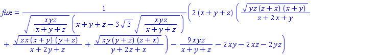 (2*(x+y+z)*((y*z*(z+x)*(x+y))^(1/2)/(z+2*x+y)+(z*x*(x+y)*(y+z))^(1/2)/(x+2*y+z)+(x*y*(y+z)*(z+x))^(1/2)/(y+2*z+x))-9*x*y*z/(x+y+z)-2*x*y-2*x*z-2*y*z)/((x*y*z/(x+y+z))^(1/2)*(x+y+z-3*3^(1/2)*(x*y*z/(x+y+z))^(1/2)))