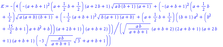-4*(-(a+b+1)^2*(a+(1/2)*b+1/2)*(a+2*b+1)*(a*b*(b+1)*(a+1))^(1/2)+(-(a+b+1)^2*(a+(1/2)*b+1/2)*(a*(a+b)*(b+1))^(1/2)+(-(1/2)*(a+b+1)^2*(b*(a+1)*(a+b))^(1/2)+(a+(1/2)*b+1/2)*((b+1)*a^2+(b^2+(15/2)*b+1)*a+b^2+b))*(a+2*b+1))*(a+b+2))/((a*b/(a+b+1))^(1/2)*(a+b+2)*(2*a+b+1)*(a+2*b+1)*(a+b+1)*(-3*(a*b/(a+b+1))^(1/2)*3^(1/2)+a+b+1))