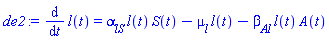 diff(l(t), t) = alpha__lS*l(t)*S(t)-mu__l*l(t)-beta__Al*l(t)*A(t)