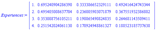 Experiences := Matrix(4, 4, {(1, 1) = HFloat(1.0), (1, 2) = HFloat(0.6952409042863898), (1, 3) = HFloat(0.3333866523291111), (1, 4) = HFloat(0.4924164247433441), (2, 1) = HFloat(2.0), (2, 2) = HFloat(0.49540500863778375), (2, 3) = HFloat(0.2360059030718795), (2, 4) = HFloat(0.3675519323868015), (3, 1) = HFloat(3.0), (3, 2) = HFloat(0.35300875610521093), (3, 3) = HFloat(0.19086549082483467), (3, 4) = HFloat(0.26468114350941063), (4, 1) = HFloat(4.0), (4, 2) = HFloat(0.25154202406112974), (4, 3) = HFloat(0.1709249488613265), (4, 4) = HFloat(0.18852318573763832)})