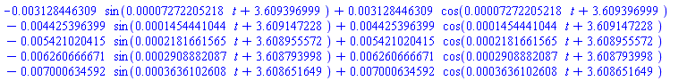 -0.3128446309e-2*sin(0.7272205218e-4*t+3.609396999)+0.3128446309e-2*cos(0.7272205218e-4*t+3.609396999)-0.4425396399e-2*sin(0.1454441044e-3*t+3.609147228)+0.4425396399e-2*cos(0.1454441044e-3*t+3.609147228)-0.5421020415e-2*sin(0.2181661565e-3*t+3.608955572)+0.5421020415e-2*cos(0.2181661565e-3*t+3.608955572)-0.6260666671e-2*sin(0.2908882087e-3*t+3.608793998)+0.6260666671e-2*cos(0.2908882087e-3*t+3.608793998)-0.7000634592e-2*sin(0.3636102608e-3*t+3.608651649)+0.7000634592e-2*cos(0.3636102608e-3*t+3.608651649)