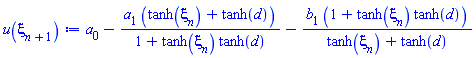 a[0]-a[1]*(tanh(xi[n])+tanh(d))/(1+tanh(xi[n])*tanh(d))-b[1]*(1+tanh(xi[n])*tanh(d))/(tanh(xi[n])+tanh(d))
