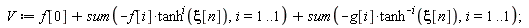 V := f[0]+sum(-f[i]*tanh(xi[n])^i, i = 1 .. 1)+sum(-g[i]*tanh(xi[n])^(-i), i = 1 .. 1)