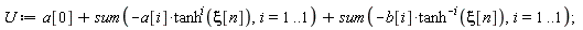 U := a[0]+sum(-a[i]*tanh(xi[n])^i, i = 1 .. 1)+sum(-b[i]*tanh(xi[n])^(-i), i = 1 .. 1)
