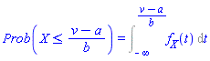Prob(X <= (v-a)/b) = Int(f__X(t), t = -infinity .. (v-a)/b)