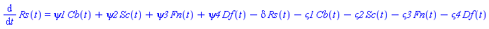 diff(Rs(t), t) = psi1*Cb(t)+psi2*Sc(t)+psi3*Fn(t)+psi4*Df(t)-delta*Rs(t)-varsigma1*Cb(t)-varsigma2*Sc(t)-varsigma3*Fn(t)-varsigma4*Df(t)