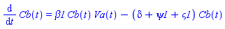 diff(Cb(t), t) = beta1*Cb(t)*Va(t)-(delta+psi1+varsigma1)*Cb(t)
