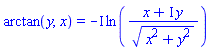 arctan(y, x) = -I*ln((x+I*y)/(x^2+y^2)^(1/2))