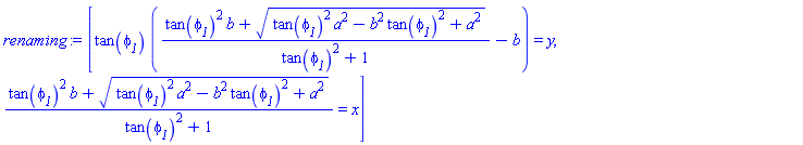 [tan(phi__1)*((tan(phi__1)^2*b+(tan(phi__1)^2*a^2-b^2*tan(phi__1)^2+a^2)^(1/2))/(tan(phi__1)^2+1)-b) = y, (tan(phi__1)^2*b+(tan(phi__1)^2*a^2-b^2*tan(phi__1)^2+a^2)^(1/2))/(tan(phi__1)^2+1) = x]