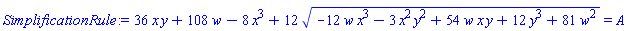 36*x*y+108*w-8*x^3+12*(-12*w*x^3-3*x^2*y^2+54*w*x*y+12*y^3+81*w^2)^(1/2) = A
