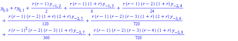 y[0, 0]+r*y[0, 1]+(1/2)*r*(r-1)*y[-1, 2]+(1/6)*r*(r-1)*(1+r)*y[-1, 3]+(1/24)*r*(r-1)*(r-2)*(1+r)*y[-2, 4]+(1/120)*r*(r-1)*(r-2)*(1+r)*(2+r)*y[-2, 5]+(1/720)*r*(r-1)*(r-2)*(r-3)*(1+r)*(2+r)*y[-3, 6]+(1/360)*r*(r-1)^2*(r-2)*(r-3)*(1+r)*y[-3, 7]+(1/720)*r*(r-1)*(r-2)*(r-3)*(r-4)*(1+r)*y[-3, 8]