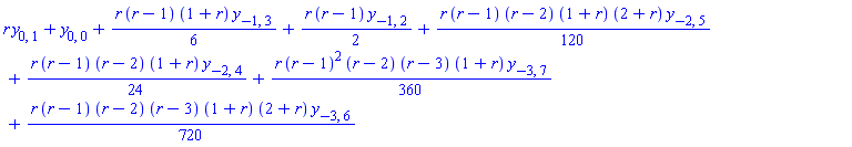 r*y[0, 1]+y[0, 0]+(1/6)*r*(r-1)*(1+r)*y[-1, 3]+(1/2)*r*(r-1)*y[-1, 2]+(1/120)*r*(r-1)*(r-2)*(1+r)*(2+r)*y[-2, 5]+(1/24)*r*(r-1)*(r-2)*(1+r)*y[-2, 4]+(1/360)*r*(r-1)^2*(r-2)*(r-3)*(1+r)*y[-3, 7]+(1/720)*r*(r-1)*(r-2)*(r-3)*(1+r)*(2+r)*y[-3, 6]