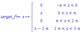 proc (x) options operator, arrow; piecewise(-Pi < x and x < 0, 0, 0 < x and x < Pi, x, Pi < x and x < 2*Pi, 0, 2*Pi < x and x < 3*Pi, x-2*Pi) end proc