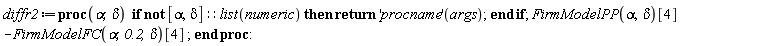 diffr2 := proc (alpha, delta) if not [alpha, delta]::(list(numeric)) then return ('procname')(args) end if; FirmModelPP(alpha, delta)[4]-FirmModelFC(alpha, .2, delta)[4] end proc