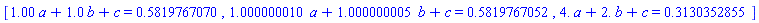 [1.00*a+1.0*b+c = .5819767070, 1.000000010*a+1.000000005*b+c = .5819767052, 4.*a+2.*b+c = .3130352855]
