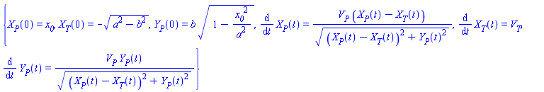 {X__P(0) = x__0, X__T(0) = -(a^2-b^2)^(1/2), Y__P(0) = b*(1-x__0^2/a^2)^(1/2), diff(X__P(t), t) = V__P*(X__P(t)-X__T(t))/((X__P(t)-X__T(t))^2+Y__P(t)^2)^(1/2), diff(X__T(t), t) = V__T, diff(Y__P(t), t) = V__P*Y__P(t)/((X__P(t)-X__T(t))^2+Y__P(t)^2)^(1/2)}