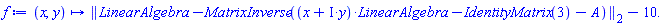 proc (x, y) options operator, arrow; LinearAlgebra:-Norm(LinearAlgebra:-MatrixInverse((x+I*y)*LinearAlgebra:-IdentityMatrix(3)-A), 2)-0.1e2 end proc