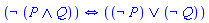 Logic:-`&iff`(Logic:-`&not`(Logic:-`&and`(P, Q)), Logic:-`&or`(Logic:-`&not`(P), Logic:-`&not`(Q)))