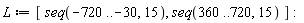 L := [seq(-720 .. -30, 15), seq(360 .. 720, 15)]