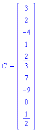 C := Matrix(9, 1, {(1, 1) = 3, (2, 1) = 2, (3, 1) = -4, (4, 1) = 1, (5, 1) = 2/3, (6, 1) = 7, (7, 1) = -9, (8, 1) = 0, (9, 1) = 1/2})