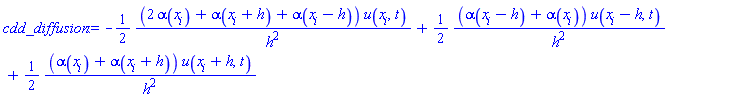 -(1/2)*(2*alpha(x[i])+alpha(x[i]+h)+alpha(x[i]-h))*u(x[i], t)/h^2+(1/2)*(alpha(x[i]-h)+alpha(x[i]))*u(x[i]-h, t)/h^2+(1/2)*(alpha(x[i])+alpha(x[i]+h))*u(x[i]+h, t)/h^2