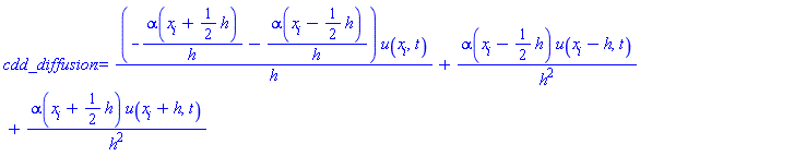 (-alpha(x[i]+(1/2)*h)/h-alpha(x[i]-(1/2)*h)/h)*u(x[i], t)/h+alpha(x[i]-(1/2)*h)*u(x[i]-h, t)/h^2+alpha(x[i]+(1/2)*h)*u(x[i]+h, t)/h^2