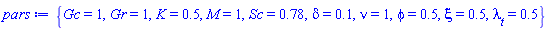{Gc = 1, Gr = 1, K = .5, M = 1, Sc = .78, delta = .1, nu = 1, phi = .5, xi = .5, lambda__t = .5}