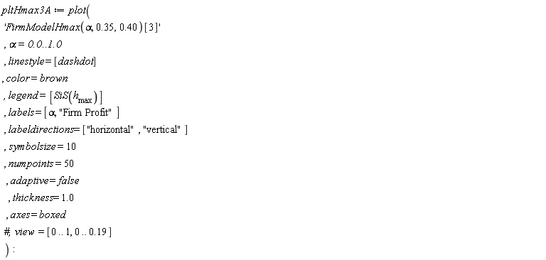 pltHmax3A := plot('FirmModelHmax(alpha, .35, .40)[3]', alpha = 0. .. 1.0, linestyle = [dashdot], color = brown, legend = [SiS(h__max)], labels = [alpha, "Firm Profit"], labeldirections = ["horizontal", "vertical"], symbolsize = 10, numpoints = 50, adaptive = false, thickness = 1.0, axes = boxed)