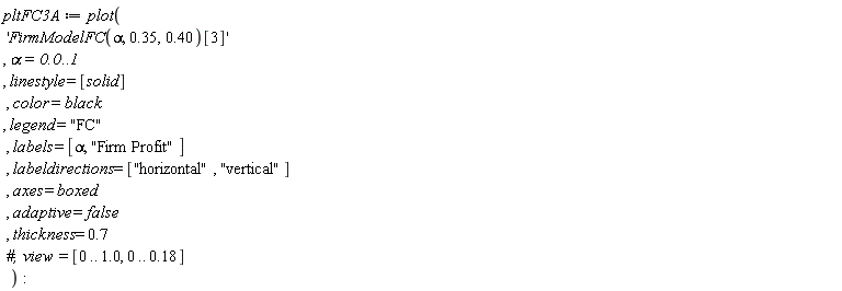 pltFC3A := plot('FirmModelFC(alpha, .35, .40)[3]', alpha = 0. .. 1, linestyle = [solid], color = black, legend = "FC", labels = [alpha, "Firm Profit"], labeldirections = ["horizontal", "vertical"], axes = boxed, adaptive = false, thickness = .7)