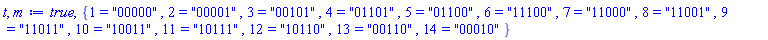 true, {1 = "00000", 2 = "00001", 3 = "00101", 4 = "01101", 5 = "01100", 6 = "11100", 7 = "11000", 8 = "11001", 9 = "11011", 10 = "10011", 11 = "10111", 12 = "10110", 13 = "00110", 14 = "00010"}