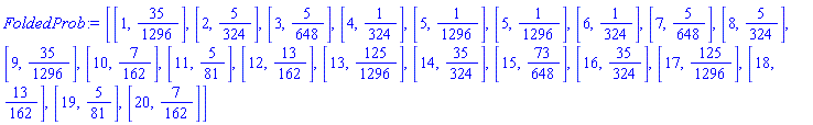 [[1, 35/1296], [2, 5/324], [3, 5/648], [4, 1/324], [5, 1/1296], [5, 1/1296], [6, 1/324], [7, 5/648], [8, 5/324], [9, 35/1296], [10, 7/162], [11, 5/81], [12, 13/162], [13, 125/1296], [14, 35/324], [15, 73/648], [16, 35/324], [17, 125/1296], [18, 13/162], [19, 5/81], [20, 7/162]]