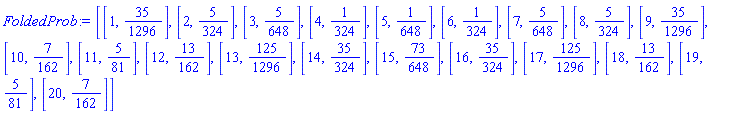 [[1, 35/1296], [2, 5/324], [3, 5/648], [4, 1/324], [5, 1/648], [6, 1/324], [7, 5/648], [8, 5/324], [9, 35/1296], [10, 7/162], [11, 5/81], [12, 13/162], [13, 125/1296], [14, 35/324], [15, 73/648], [16, 35/324], [17, 125/1296], [18, 13/162], [19, 5/81], [20, 7/162]]