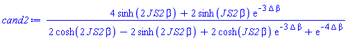 (4*sinh(2*J*S2*beta)+2*sinh(J*S2*beta)*exp(-3*Delta*beta))/(2*cosh(2*J*S2*beta)-2*sinh(2*J*S2*beta)+2*cosh(J*S2*beta)*exp(-3*Delta*beta)+exp(-4*Delta*beta))