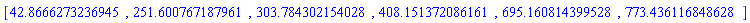 [HFloat(42.86662732369449), HFloat(251.60076718796114), HFloat(303.7843021540278), HFloat(408.15137208616113), HFloat(695.1608143995278), HFloat(773.4361168486278)]