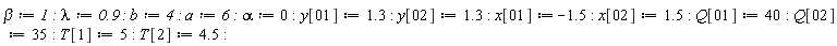 beta := 1; lambda := .9; b := 4; a := 6; alpha := 0; y[1] := 1.3; y[2] := 1.3; x[1] := -1.5; x[2] := 1.5; Q[1] := 40; Q[2] := 35; T[1] := 5; T[2] := 4.5