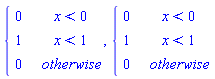 piecewise(x < 0, 0, x < 1, 1, 0), piecewise(x < 0, 0, x < 1, 1, 0)