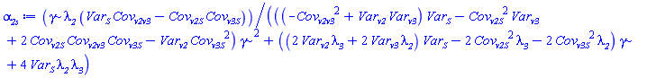 gamma*lambda__2*(Var__S*Cov__v2v3-Cov__v2S*Cov__v3S)/(((-Cov__v2v3^2+Var__v2*Var__v3)*Var__S-Cov__v2S^2*Var__v3+2*Cov__v2S*Cov__v2v3*Cov__v3S-Var__v2*Cov__v3S^2)*gamma^2+((2*Var__v2*lambda__3+2*Var__v3*lambda__2)*Var__S-2*Cov__v2S^2*lambda__3-2*Cov__v3S^2*lambda__2)*gamma+4*Var__S*lambda__2*lambda__3)