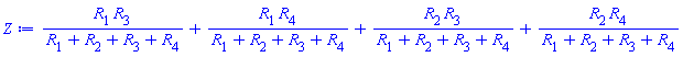R[1]*R[3]/(R[1]+R[2]+R[3]+R[4])+R[1]*R[4]/(R[1]+R[2]+R[3]+R[4])+R[2]*R[3]/(R[1]+R[2]+R[3]+R[4])+R[2]*R[4]/(R[1]+R[2]+R[3]+R[4])