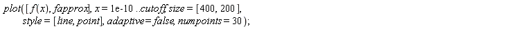 plot([f(x), fapprox], x = 0.1e-9 .. cutoff, size = [400, 200], style = [line, point], adaptive = false, numpoints = 30)