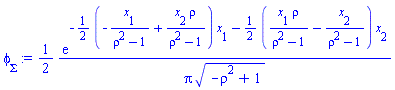 (1/2)*exp(-(1/2)*(-x[1]/(rho^2-1)+x[2]*rho/(rho^2-1))*x[1]-(1/2)*(x[1]*rho/(rho^2-1)-x[2]/(rho^2-1))*x[2])/(Pi*(-rho^2+1)^(1/2))