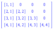 Matrix(4, 4, {(1, 1) = [1, 1], (1, 2) = 0, (1, 3) = 0, (1, 4) = 0, (2, 1) = [2, 1], (2, 2) = [2, 2], (2, 3) = 0, (2, 4) = 0, (3, 1) = [3, 1], (3, 2) = [3, 2], (3, 3) = [3, 3], (3, 4) = 0, (4, 1) = [4, 1], (4, 2) = [4, 2], (4, 3) = [4, 3], (4, 4) = [4, 4]})