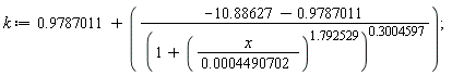 k := .9787011+(-10.88627-.9787011)/(1+(x/(0.4490702e-3))^1.792529)^.3004597
