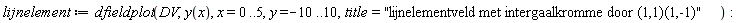 lijnelement := dfieldplot(DV, y(x), x = 0 .. 5, y = -10 .. 10, title = "lijnelementveld met intergaalkromme door (1,1)(1,-1)")