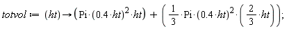 totvol := proc (ht) options operator, arrow; Pi*.4^2*ht^2*ht+(1/3)*Pi*.4^2*ht^2*((2/3)*ht) end proc