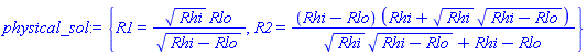 {R1 = Rhi^(1/2)*Rlo/(Rhi-Rlo)^(1/2), R2 = (Rhi-Rlo)*(Rhi+Rhi^(1/2)*(Rhi-Rlo)^(1/2))/(Rhi^(1/2)*(Rhi-Rlo)^(1/2)+Rhi-Rlo)}